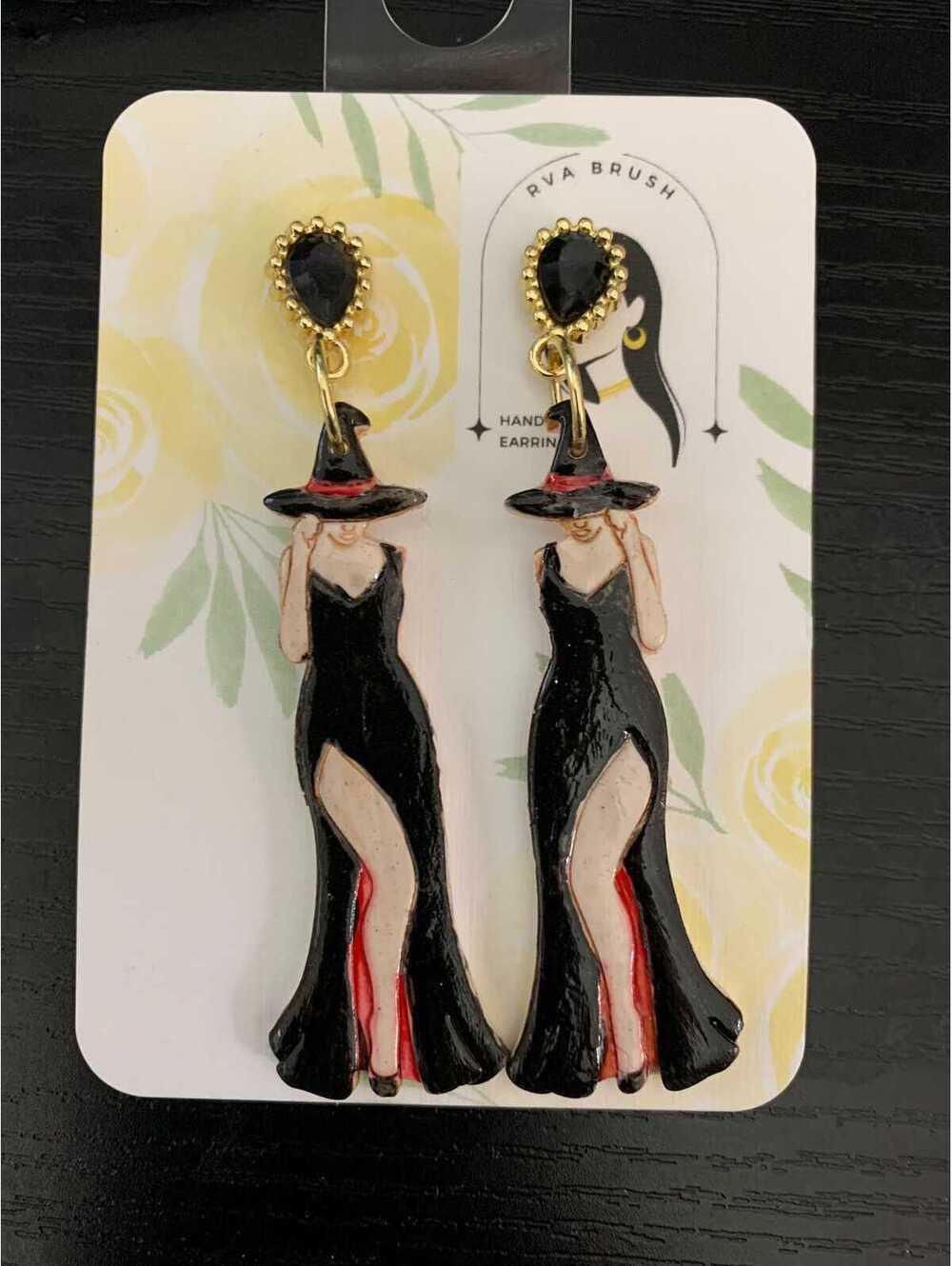 Handmade Polymer Clay Witch Earrings Black Dress Halloween Dangle Statement